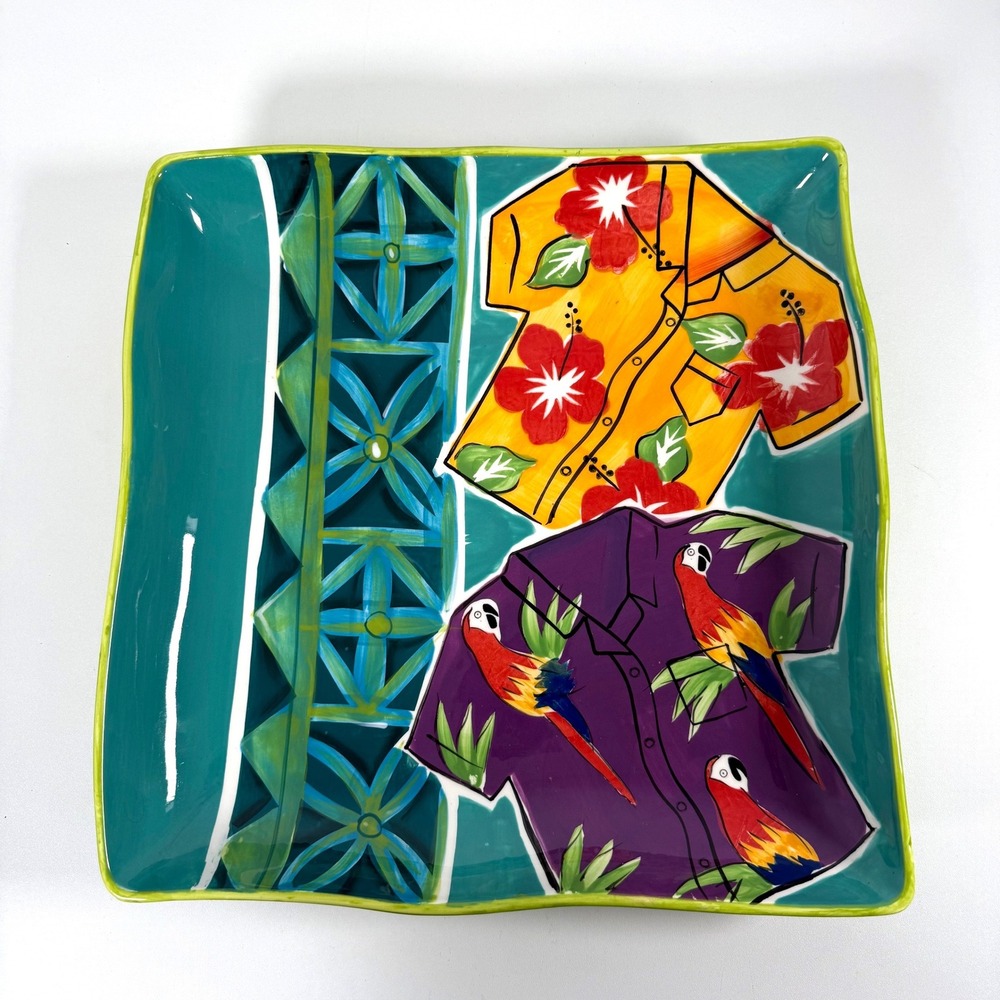 Clay Art Tropical Hawaiian Shirt Ceramic Square Serving Platte Hibiscus Teal 12"